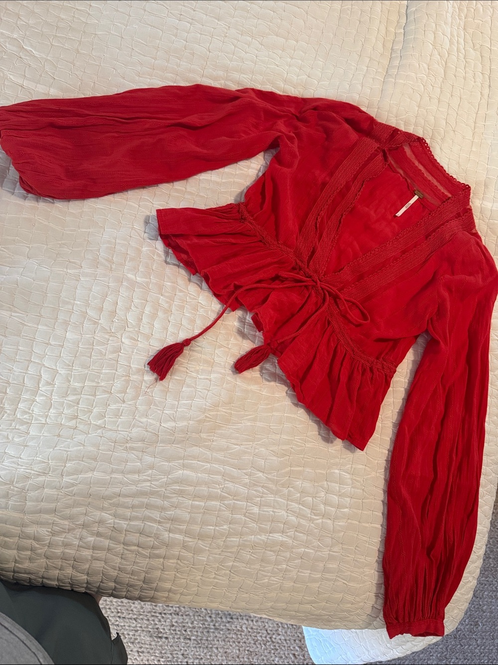 Free People Lightweight CottonRed Long Sleeve Tie-Front Peasant Blouse